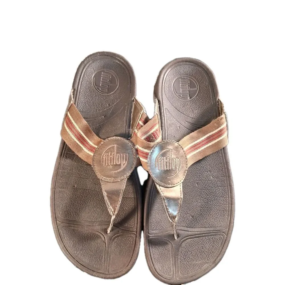 Women's FitFlop Brown Stripe Thong Webbing Leather Sandal Women's Size 8